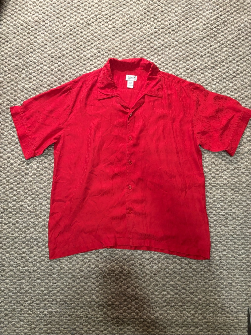 VINTAGE 90’s Playboy Underwear Men's Red Silk All Over Logo Button-Up Size Large